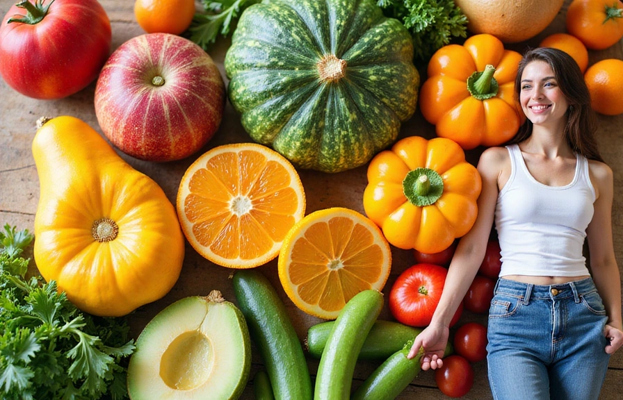 Variedad de servicios nutricionales con frutas, verduras y una persona activa