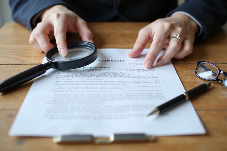 Persona leyendo un documento legal con una lupa en una mesa de madera, representando la revisión de términos de servicio.